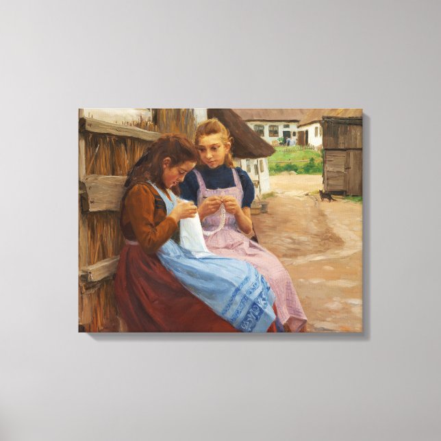 Two Girls With Needlework Sitting in a Farmyard Canvas Print (Front)