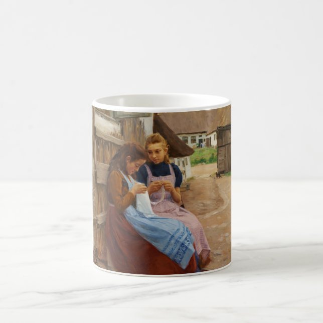 Two Girls With Needlework Sitting in a Farmyard Coffee Mug (Center)