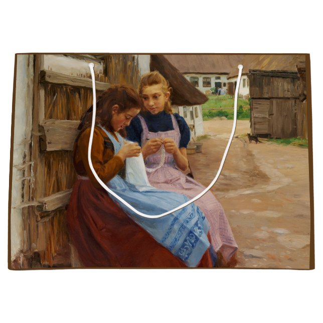 Two Girls With Needlework Sitting in a Farmyard Large Gift Bag (Front)