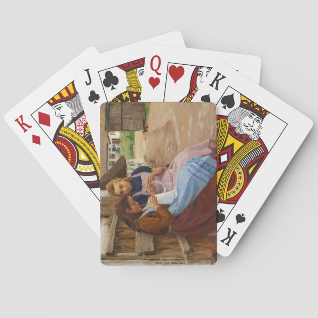 Two Girls With Needlework Sitting in a Farmyard Playing Cards (Back)