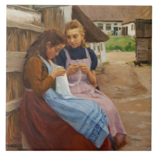 Two Girls With Needlework Sitting in a Farmyard Tile