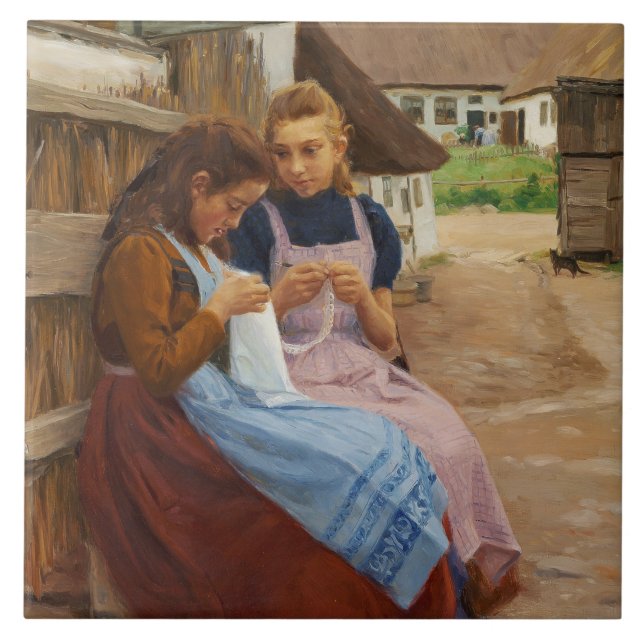 Two Girls With Needlework Sitting in a Farmyard Tile (Front)
