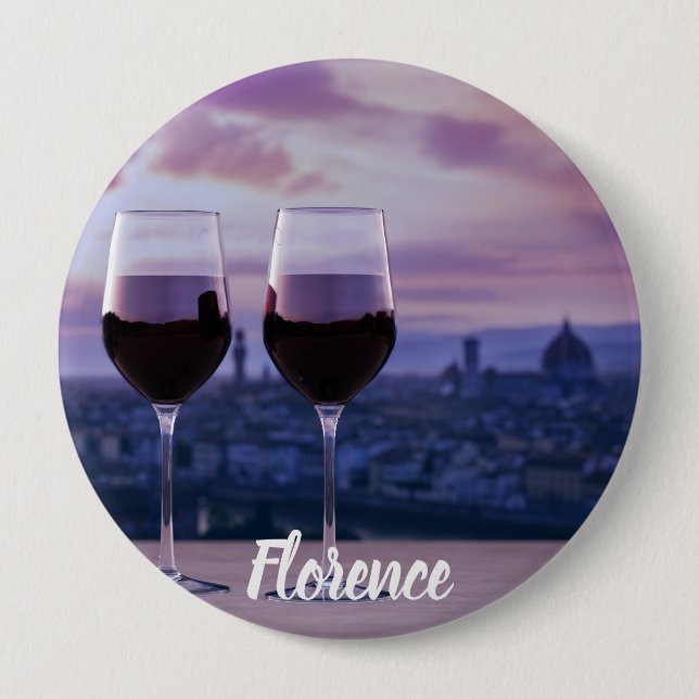 Two glasses of red wine on Florence skyline 4 Inch Round Button (Front)