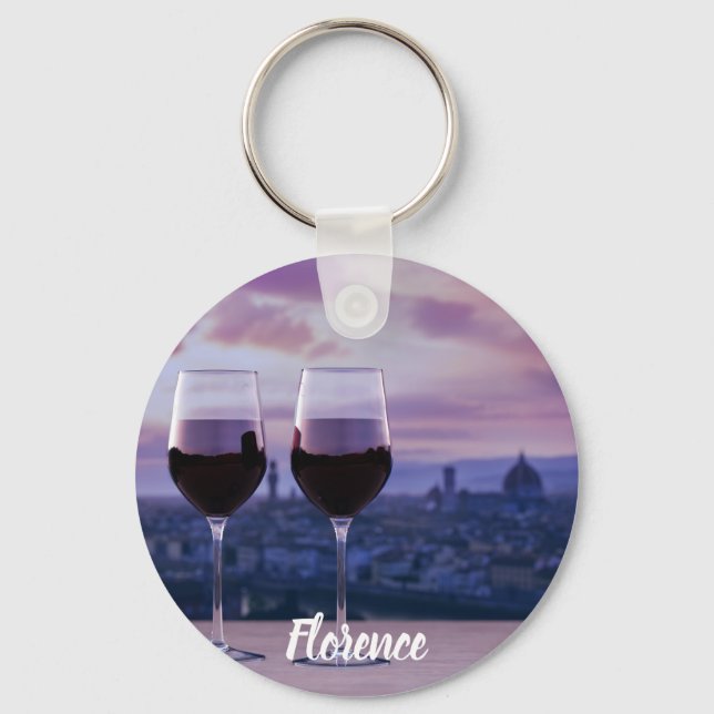 Two glasses of red wine on Florence skyline Keychain (Front)