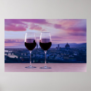 Two glasses of red wine on Florence skyline Poster