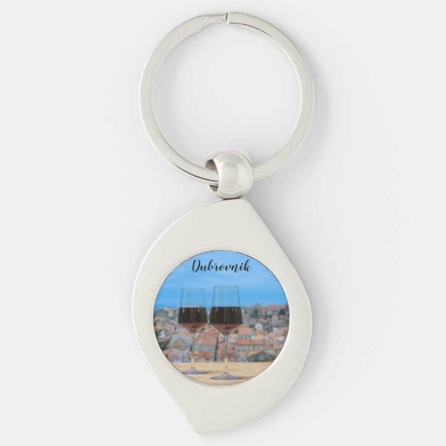 Two glasses of red wine with view of Dubrovnik Keychain (Front)