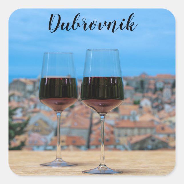 Two glasses of red wine with view of Dubrovnik Square Sticker (Front)