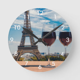 Two glasses of wine with Eiffel tower Round Clock