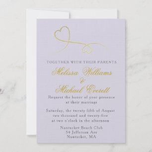 Two Gold Hearts   Lavender Wedding Invitation