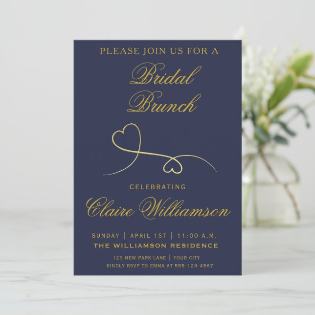 Two Gold Hearts Navy Blue Bridal Brunch Invitation (Standing Front)