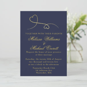 Two Gold Hearts Navy Blue Wedding Invitation