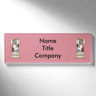 Two Gold Trimmed White Vintage Stoves Pretty Pink Name Tag