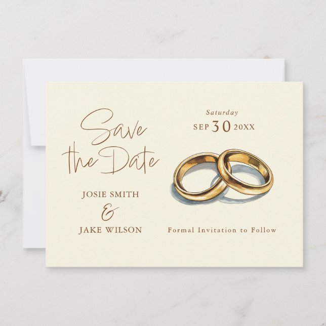 Two gold wedding rings save the date (Front)
