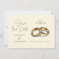 Two gold wedding rings save the date