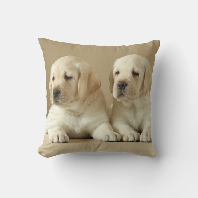 Two Golden Labrador Puppies Throw Pillow (Front)