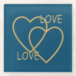 Two golden loving hearts glass coaster