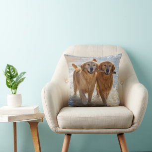 Two Golden Retrievers Carrying a Stick Throw Pillow