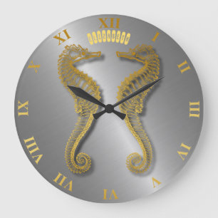 Two Golden Seahorse Silhouettes 3d With Shadows Large Clock