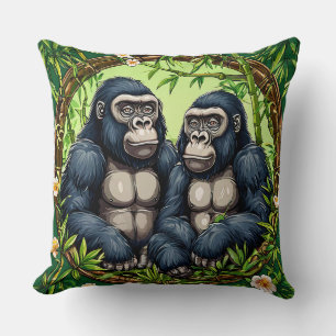 Two Gorillas in a Tropical Bamboo Frame Throw Pillow