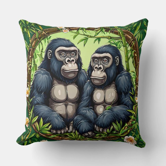 Two Gorillas in a Tropical Bamboo Frame Throw Pillow (Front)