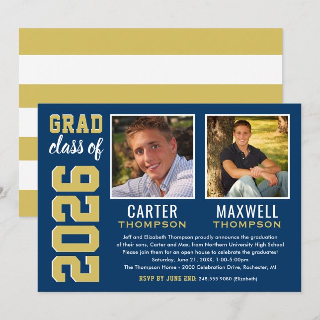 Two Graduates Navy Gold Graduation Party Photo Invitation (Front/Back)