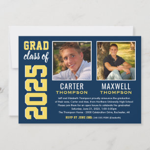 Two Graduates Navy Yellow Graduation Party Photo Invitation
