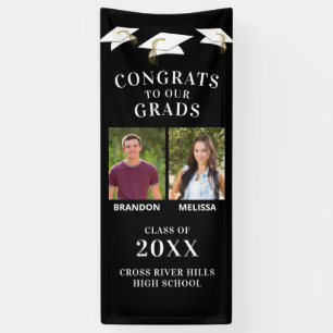 Two Graduates Photos CONGRATS GRAD Caps Black Banner