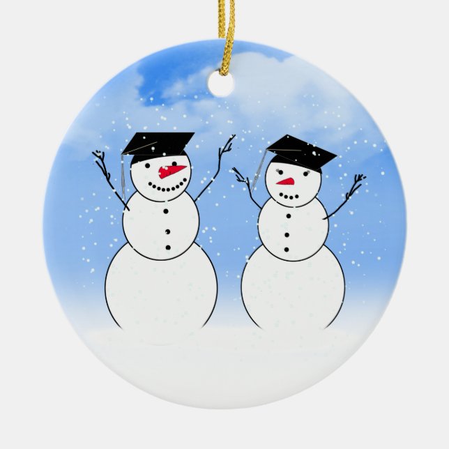 Two Graduating Snowmen Ceramic Ornament (Front)