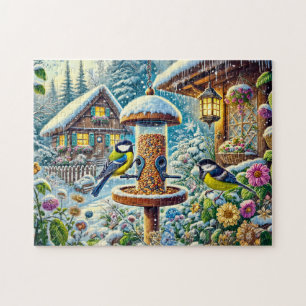 Two Great Tit birds at the Feeder in Winter Jigsaw Puzzle