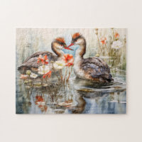 Two grebes among white pond plants