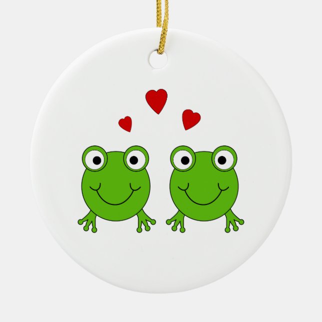 Two green frogs with red hearts. ceramic ornament (Front)