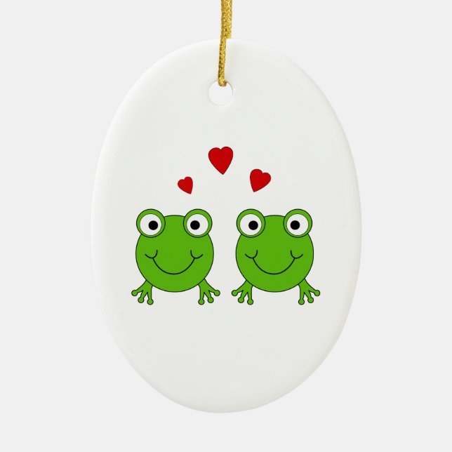 Two green frogs with red hearts. ceramic ornament (Front)
