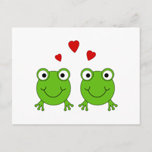 Two green frogs with red hearts. postcard