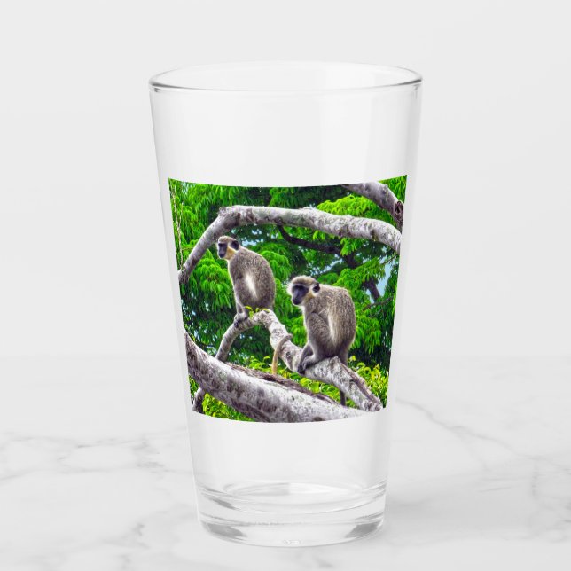Two Green Monkeys Sitting In Tree Glass (Front)