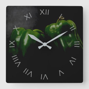 Two Green Peppers Grey Roman Numbers wccna Square Wall Clock