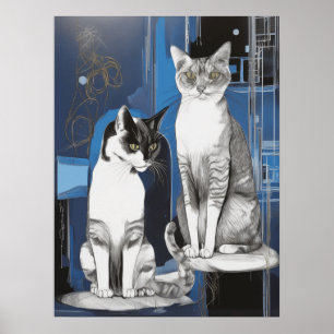 Two Grey Cats on an Abstract Background Poster