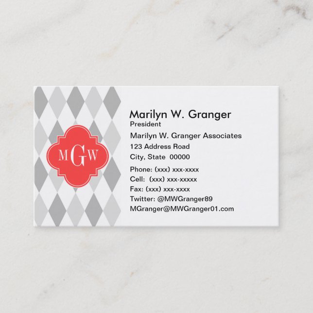 Two Grey Wht Harlequin Coral 3 Initial Monogram Business Card (Front)