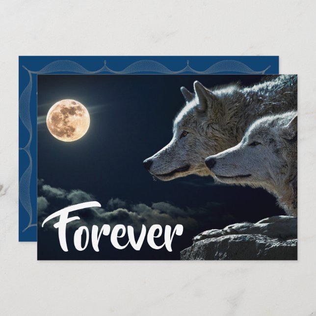 Two Grey Wolves & Full Moon Wedding Invitation (Front/Back)