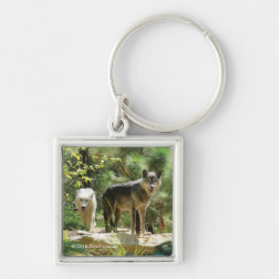 Two Grey Wolves in Forest Keychain