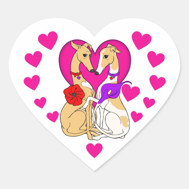Two Greyhounds Pink Heart and Flowers Heart Sticker (Front)