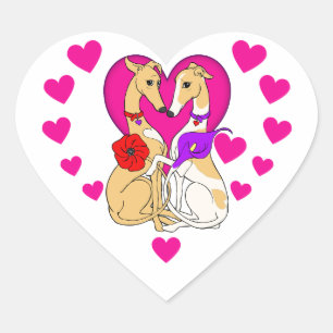Two Greyhounds Pink Heart and Flowers Sticker