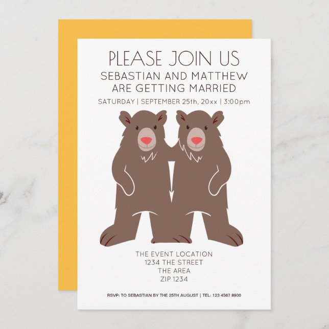 Two Grooms Cartoon Bear Wedding Gay Invitation (Front/Back)