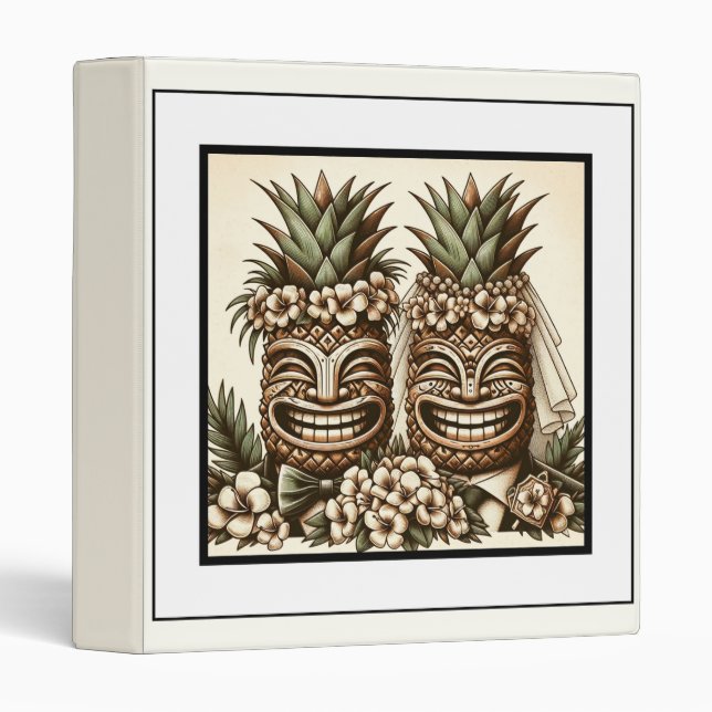Two Grooms Gay Pineapple Tiki Head Retro Wedding  Binder (Front/Spine)