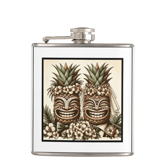Two Grooms Gay Pineapple Tiki Head Retro Wedding  Hip Flask (Front)
