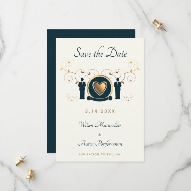 Two Grooms Male Wedding Cream Blue LGBTQ Save The Date (Front/Back In Situ)