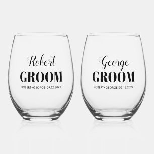 Two grooms names black typography gay wedding stemless wine glass