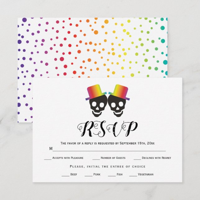 Two grooms rainbow colours confetti gay wedding RSVP card (Front/Back)