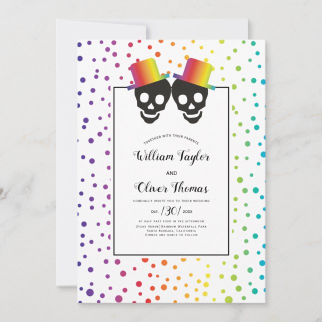 Two grooms skulls and confetti gay wedding invitation (Front)