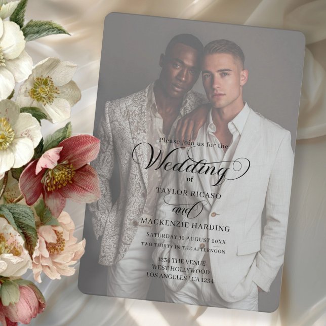 Two Grooms Wedding Photo Template (Gay wedding two grooms invitation with elegant typography by Ricaso. Add photo and text)