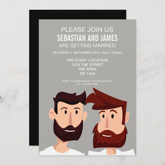 Two Grooms With Beards Cartoon Gay Wedding Themed Invitation (Front/Back)